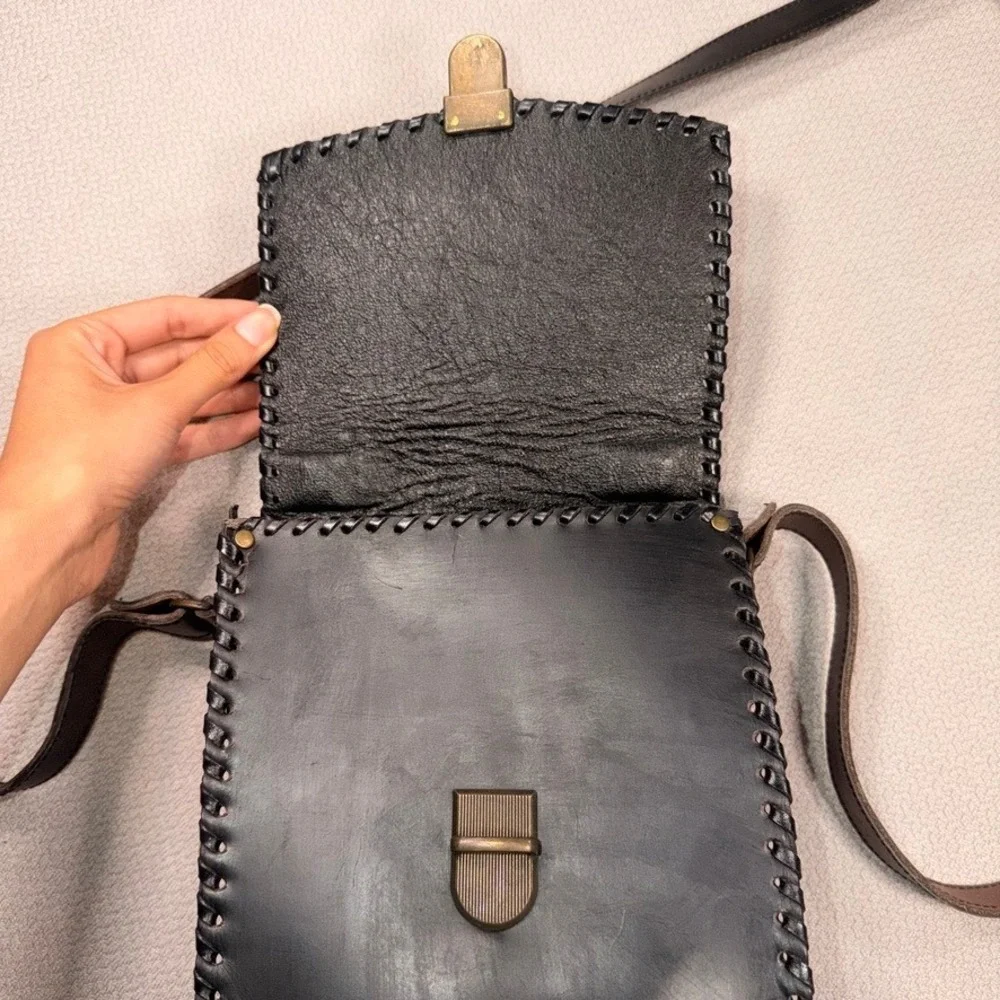 Unbranded Hand-Stitched Leather Crossbody Bag Small Women Black Whipstitch